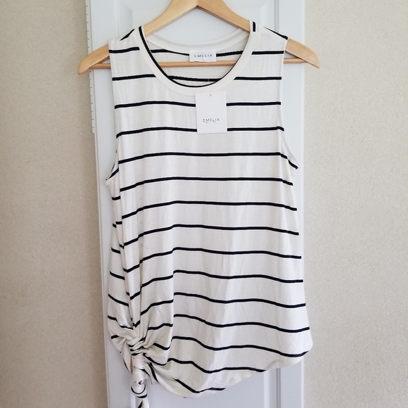 Emelia Tops - Emelia Ivory&Navy Striped Cinched Side Tank